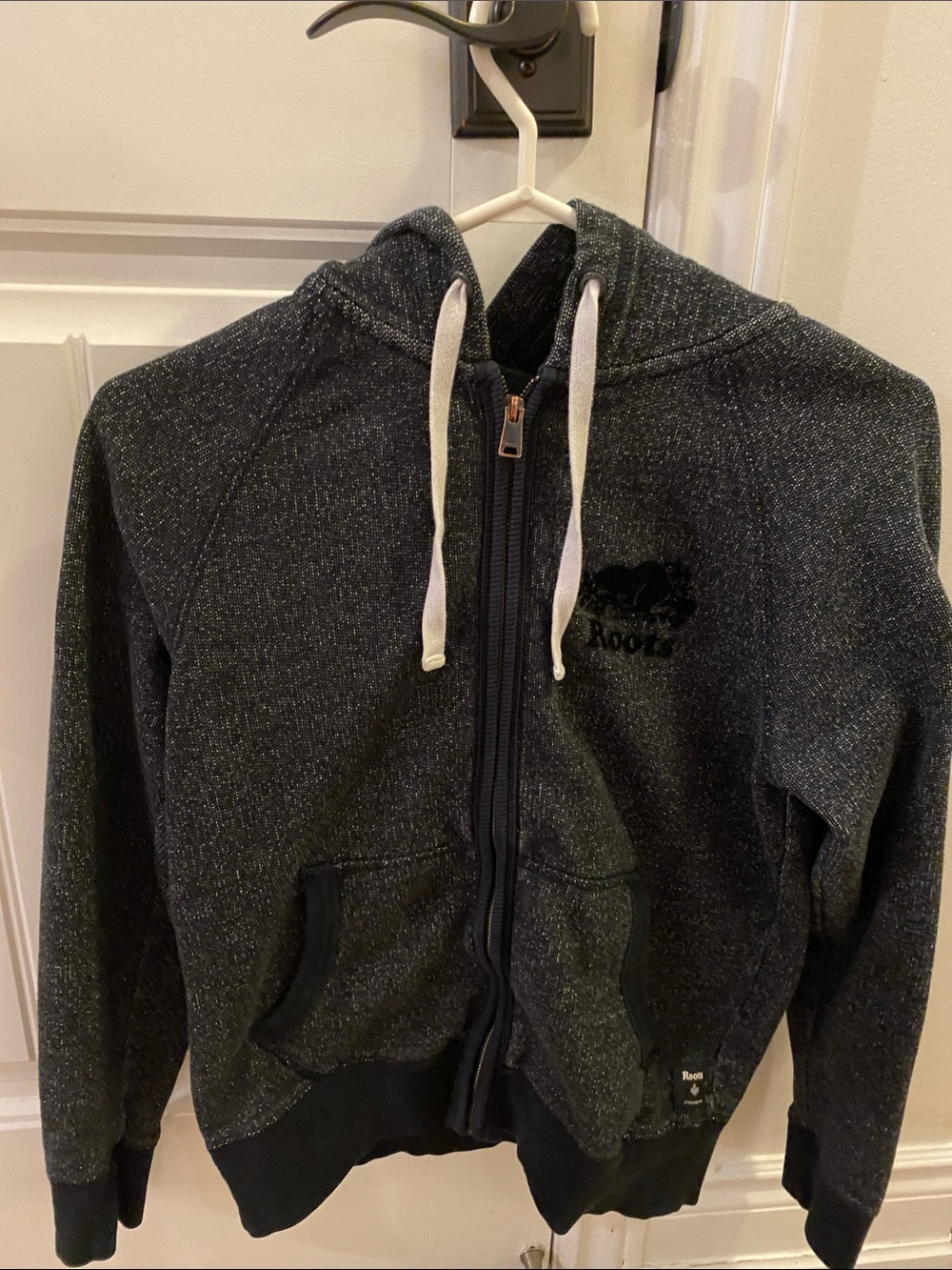 Roots Heathered Black Zip Hoodie with White Drawstrings